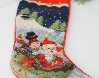 VTG Needlepoint Christmas Stocking--Handmade Christmas Stocking--Kids Christmas Stocking