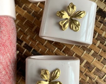 Set of 8 Brass Flower Napkin Rings--Flower Charm Napkin Rings