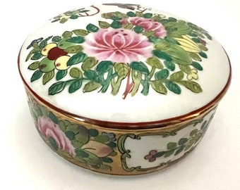 VTG Rose Medallion Trinket Dish--Round Jewelry Box--Rose Medallion Dish with Lid