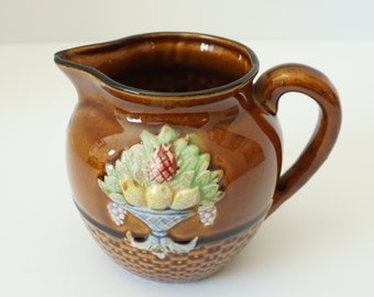 RARE Brown Majolica Creamer--VTG Japanese Majolica Basketweave Creamer