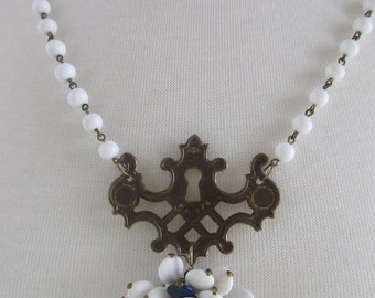 HANDCRAFTED Vintage Necklace--Key Plate with White Bead Chain---Navy and White Cluster Drop. As featured in Country Living Magazine.