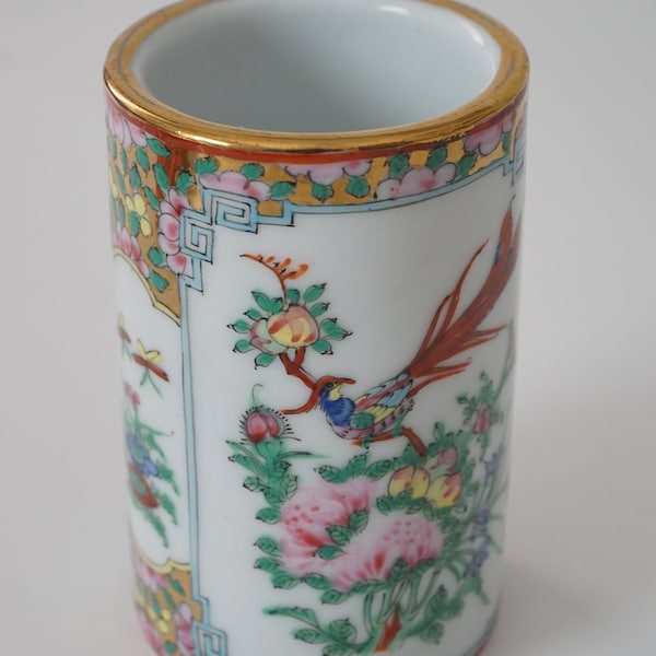 VTG Rose Medallion Brush Pot--Porcelain Canton Match Holder--Collectible Famille Rose--Chinoiserie Matchstick Holder