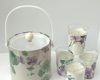VTG Kraftware Floral Ice Bucket with Glasses--Purple Floral Ice Bucket and Glass Set