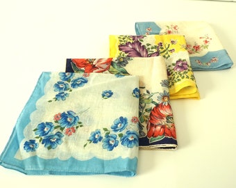 Set of 4 Vintage Hankies--Floral Design Cotton Hankerchiefs