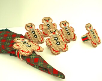 Set of 6 Gingerbread Men Napkin Rings--VTG Yarn Hook Napkin Rings--Christmas Napkin Rings