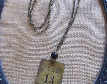 SALE--Vintage Necklace--Square Key Tag with Black Stone Necklace