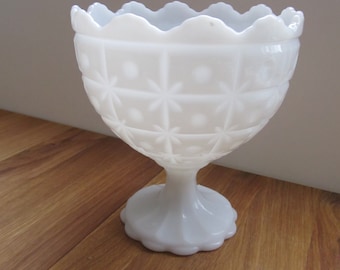 MILK GLASS Pedestal Bowl--Starburst Milk Glass Vase--1960s--Collectible Milk Glass