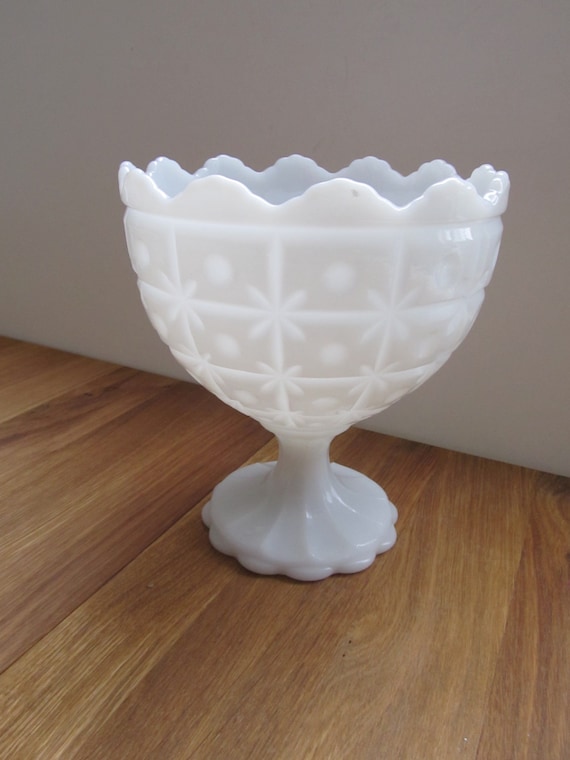 MILK GLASS Pedestal Bowl--Starburst Milk Glass Vase--1960s--Collectible Milk Glass