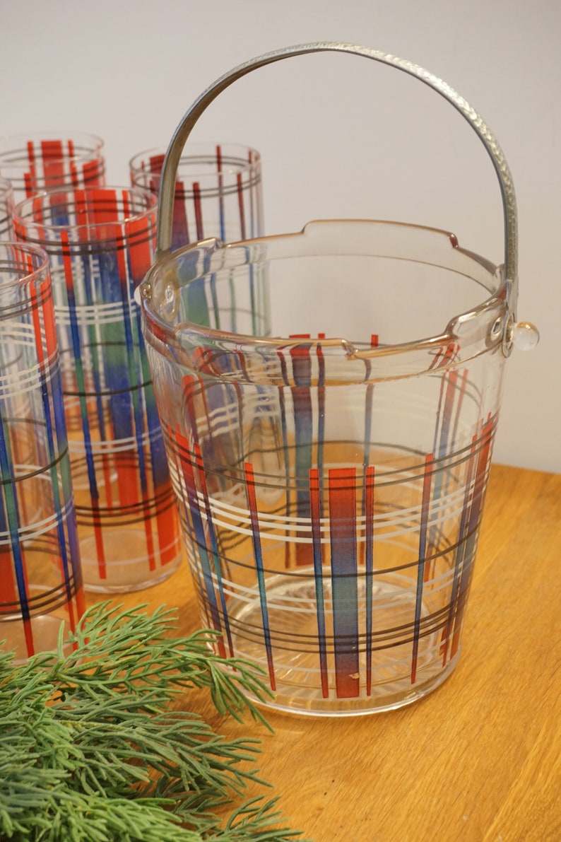 Tartan Plaid Ice Bucket & Tumbler GlassesChristmas GlasswareCocktail Glassware image 2