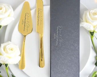 Elegant Custom Cake Serving Set for Weddings – Stainless Steel with Name Engraving – Romantic Couple Gift