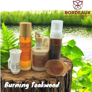Burning Teakwood Fragrance Set with Candle, Room Mist, Plugin, Car Scent, Soaps, and Bath Tea Bag | Bordeaux Beauty Serenity Collection
