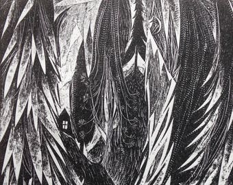 The hut, original block print by Flora McLachlan, forest pine trees moon woodland night black and white