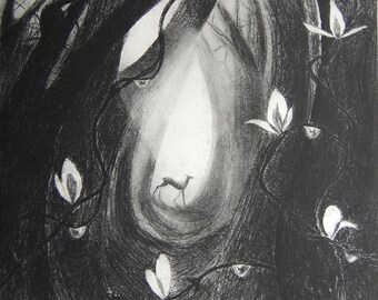 The first leaves, etching, by Flora McLachlan, new honeysuckle leaves the sun shining through in woodland a deer
