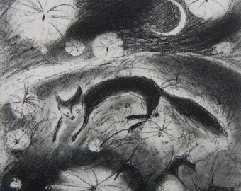 Flying dreams, etching by Flora McLachlan, fox, thistledown, moon, stars, night, hill, summer, sky