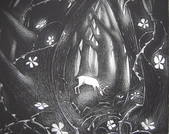 The thicket, etching by Flora McLachlan, deer in forest, wild roses briars thorns dusk trees woods stag