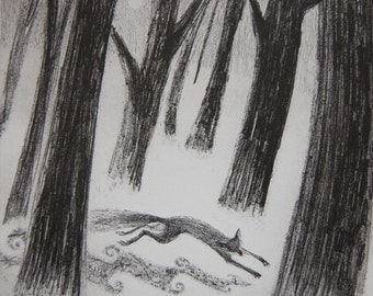 Mist-blanket, etching by Flora McLachlan, fox running through the mist, pine wood, dawn, trees