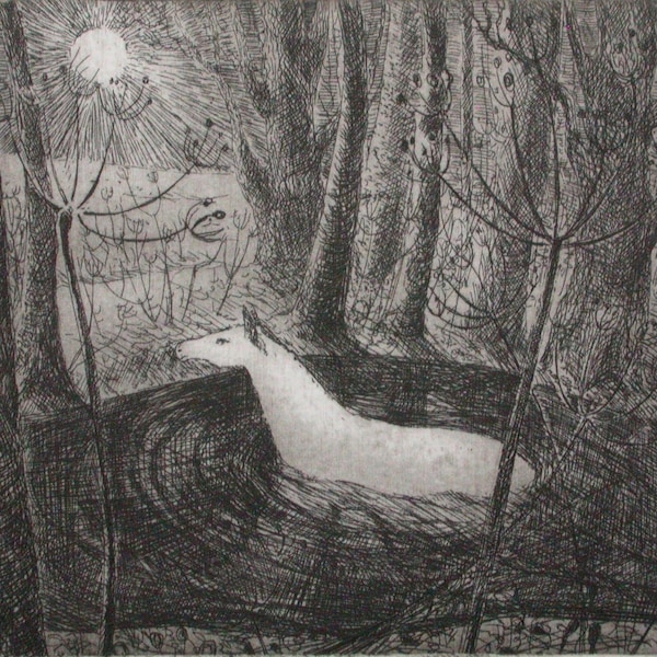 Crossing the water, etching by Flora McLachlan, horse, river, pool, moon, night, passage, transition, travel, trees, seedheads