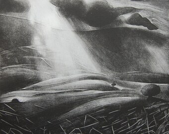 Shadowed air, original etching by Flora McLachlan, landscape, clouds, distant hills