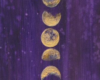 May include: An abstract painting on a purple background depicts the phases of the moon in gold. The moon phases are arranged vertically, from crescent to full and back to crescent. The artwork has a textured appearance.