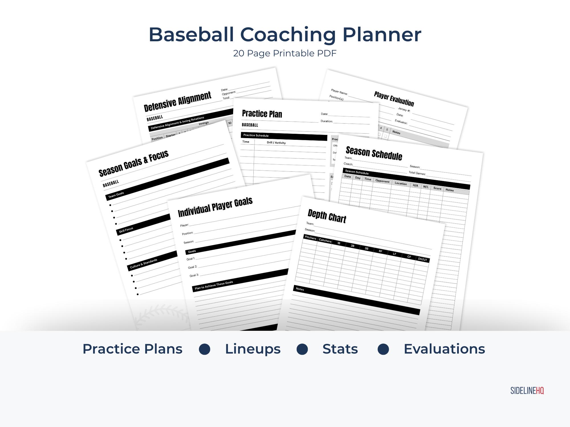 Baseball Coach Planner Printable | Practice Plan, Lineup Card, Pitching ...