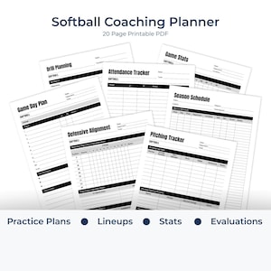 Puede incluir: Un conjunto de páginas imprimibles para un planificador de entrenamiento de softbol. El título "Softball Coaching Planner" está en la parte superior, con "20 Page Printable PDF" debajo. Las páginas incluyen "Drill Planning", "Game Day Plan", "Defensive Alignment", y más. La parte inferior de la imagen dice "Practice Plans", "Lineups", "Stats" y "Evaluations".