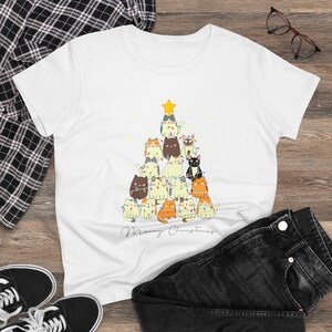 Kerstmis, katten, boom, vrolijk, middelzwaar katoenen T-shirt voor dames