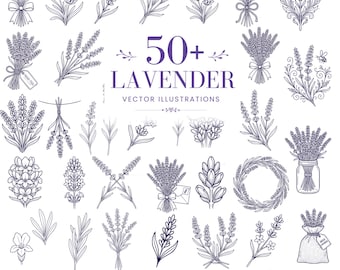 Lavender Vector Illustrations Bundle | 50+ Hand Drawn Botanical Line Art SVG | Wedding Floral Clipart | Laser Engraving Designs | 53 PNG