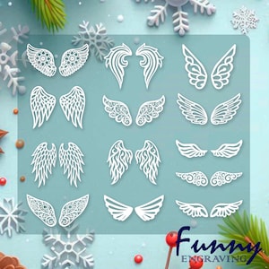 Könnte beinhalten: Eine Sammlung weißer, lasergeschnittener Engelsflügel-Designs in verschiedenen Stilen. Die Flügel werden auf einem hellblauen Hintergrund mit Schneeflocken- und Weihnachtsbaumdekorationen dargestellt. Der Schriftzug "Funny Engraving" ist unten rechts zu sehen.