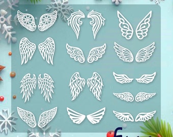 Puede incluir: Una colección de diseños de alas de ángel blancas cortadas con láser en varios estilos. Las alas se muestran sobre un fondo azul claro con decoraciones de copos de nieve y árboles de Navidad. La palabra "Funny Engraving" es visible en la esquina inferior derecha.
