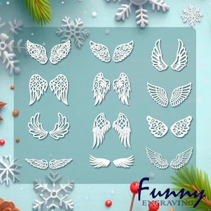 Könnte beinhalten: Eine Sammlung weißer, aufwendig gestalteter Engelsflügel in verschiedenen Stilen. Die Flügel werden auf einem hellblauen Hintergrund mit Schneeflocken und Weihnachtsbaumdekorationen präsentiert. Das Wort "Funny Engraving" ist sichtbar.