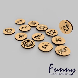 May include: A collection of small, round wooden ornaments with various etched designs, including suns, turtles, and figures playing musical instruments. The ornaments are light brown with dark brown etched details. The word "Funny Engraving" is at the bottom.