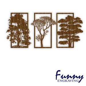 May include: Three wooden wall art panels with tree designs. Each panel features a different tree silhouette within a rectangular frame. The trees are cut from wood, showing the natural grain and texture. The panels are designed for interior decor.