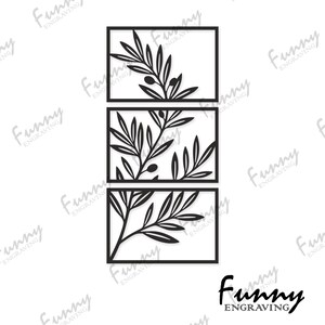 Puede incluir: Un conjunto de tres paneles de arte mural rectangulares de metal negro dispuestos verticalmente. Cada panel presenta un diseño recortado de ramas de olivo con hojas y pequeñas aceitunas redondas, creando un patrón botánico continuo en los marcos.
