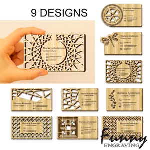 May include: Nine laser-cut wooden business cards with diverse geometric and nature-inspired designs are displayed. Each card features "Mariana Anderson, Content Creator" and contact details. The image also includes the text "9 DESIGNS" and "Funny Engraving".