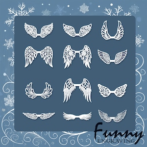 Może przedstawiać: Kolekcja dwunastu białych wzorów skrzydeł anioła, każdy z unikalnymi wzorami i detalami, ułożonych na niebieskim tle z akcentami płatków śniegu i wirów. Tekst "Funny Engraving" znajduje się w prawym dolnym rogu.
