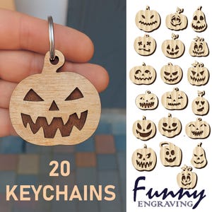 May include: A wooden pumpkin keychain with a carved jack-o'-lantern face is held up, with a collection of 20 similar keychains in the background. The text "20 KEYCHAINS" is below the keychain. The word "Funny" and "Engraving" are also visible.