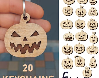 Halloween Pumpkin Keychain SVG Bundle, 20 Layered Jack-o'-Lantern Designs for Laser Cutting, Spooky and Cute Fall Keychains