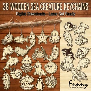 Sea Animal Keychain SVG Bundle | 38 Marine Animal Laser Cut Files | Cute Ocean Keychains Vector Pack