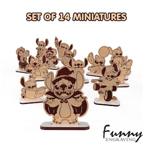 May include: A set of 14 wooden miniatures featuring the character Stitch in various poses. The miniatures are laser-cut with a light brown wood finish and mounted on white and brown bases. The text "SET OF 14 MINIATURES" is at the top.
