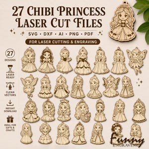 Puede incluir: Una colección de 27 diseños de princesas chibi de madera cortados con láser. La imagen incluye varias figuras de princesas, hadas y sirenas. El texto en la parte superior dice "27 CHIBI PRINCESS LASER CUT FILES". Adecuado para corte y grabado láser.