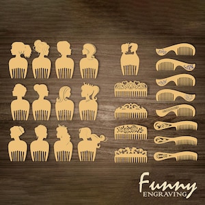 Può includere: Una collezione di pettini in legno e sagome a forma di pettine con varie acconciature e disegni decorativi. I pettini sono marrone chiaro e disposti su una superficie di legno marrone scuro. Il testo "Funny Engraving" è in basso.
