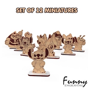 May include: A set of 12 wooden miniatures of cartoon characters, each with a unique design and pose. The figures are light brown with darker brown outlines and are mounted on small white and brown bases. The text "SET OF 12 MINIATURES" is at the top.