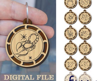 Laser Cut Wooden Zodiac Keychain Files, Astrology Gift (Digital)