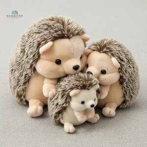 May include: Three soft toy hedgehogs in different sizes. They have tan bodies, brown and tan quills, and small black eyes. The smallest hedgehog sits in front, with the larger ones behind, creating a family scene. The toys are made of soft materials, perfect for children.