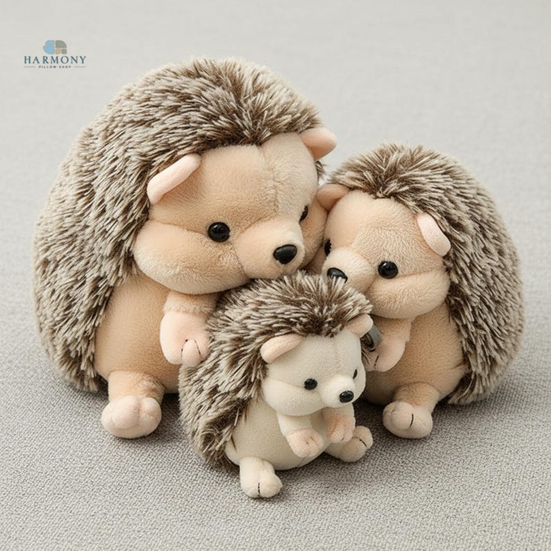 May include: Three soft toy hedgehogs in different sizes. They have tan bodies, brown and tan quills, and small black eyes. The smallest hedgehog sits in front, with the larger ones behind, creating a family scene. The toys are made of soft materials, perfect for children.