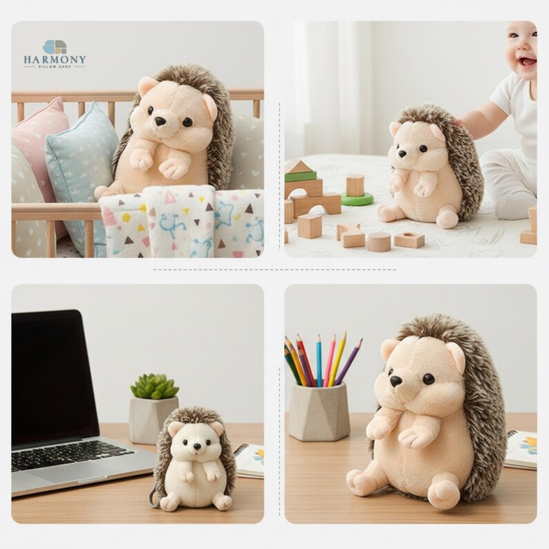 May include: A soft hedgehog toy with a light brown body and a spiky, dark brown back. The toy has a friendly face and is displayed in different settings, including a cot and a desk. The Harmony logo is visible in the top left corner.