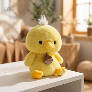 Puede incluir: Un peluche amarillo con forma de pollito con un mechón de plumas blancas, azules y rosas en la cabeza. El pollito tiene ojos negros, un pico naranja y una etiqueta marrón con "Young Gang". Está sobre una superficie blanca.