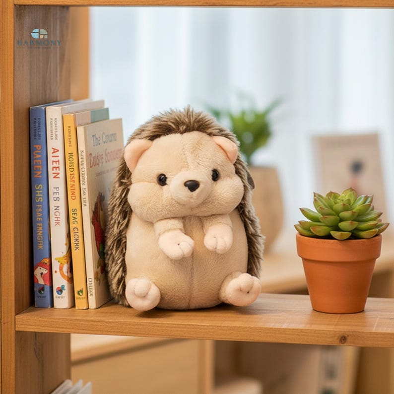 May include: A soft toy hedgehog with a beige body, brown quills, and black eyes. It sits on a wooden shelf beside a small potted succulent and a stack of books. The books have text on their spines.
