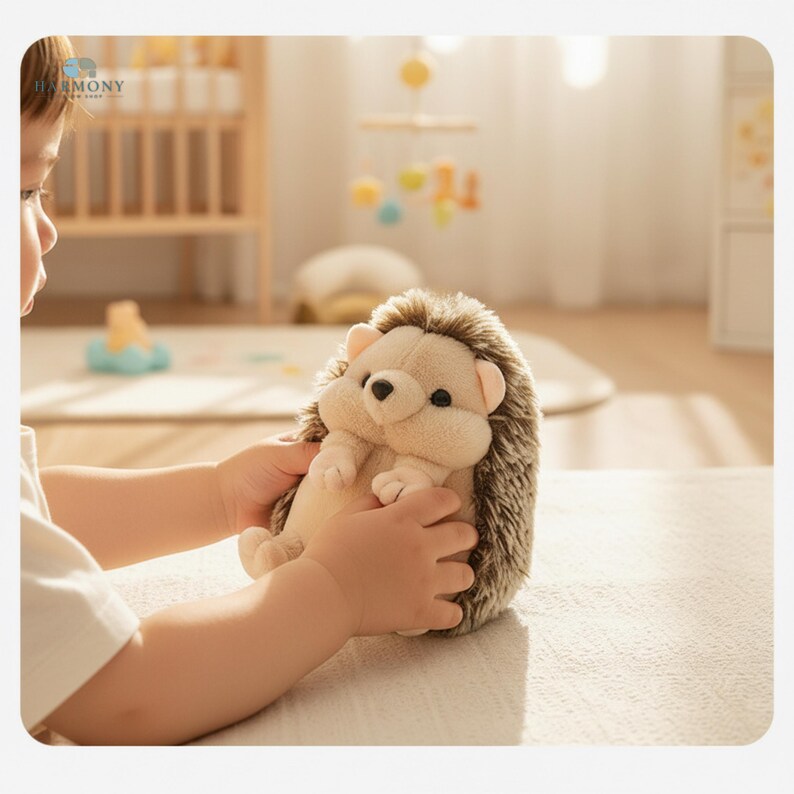 May include: A soft toy hedgehog with a beige body and a spiky brown back. The toy has small ears and a black nose. The toy is being held by a child in a bright room, with a cot and mobile in the background.