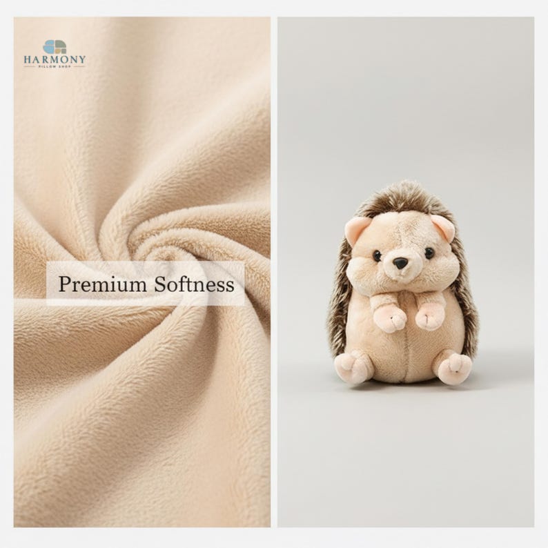 May include: A soft, plush hedgehog toy with a beige body, brown spiky back, and small pink ears. The image also shows a close-up of a beige, soft fabric with the text "Premium Softness". The Harmony logo is in the upper left corner.